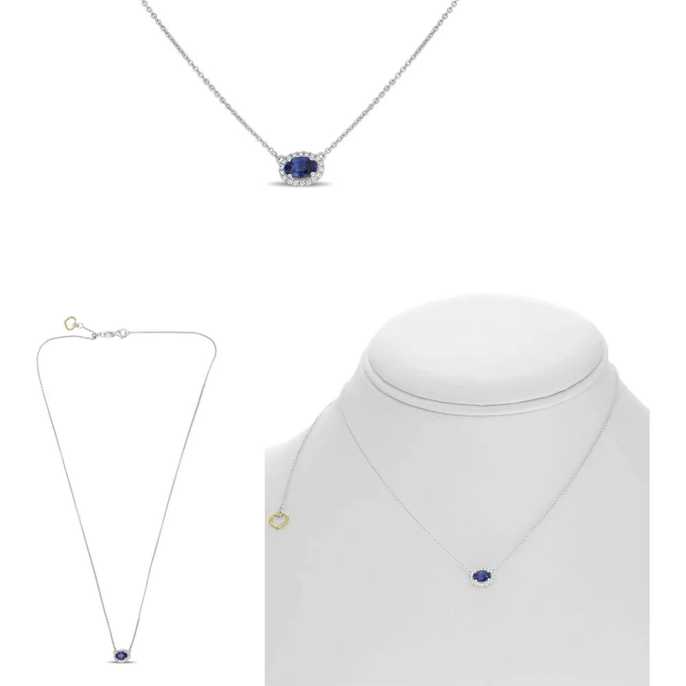 Roman & Jules - 18K White Gold Oblong Blue Sapphire Necklace with Diamond Halo - 0.50 Carat Sapphire and 0.09 Carat Round Diamonds