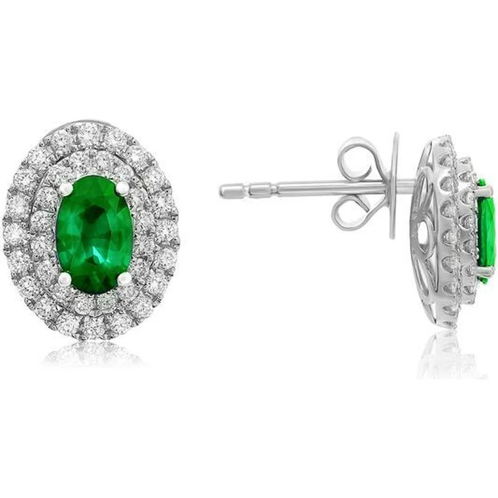 Roman & Jules - 18K White Gold Oval Emerald and Diamond Halo Stud Earrings - 1.52 Carat Total Gemstone Weight