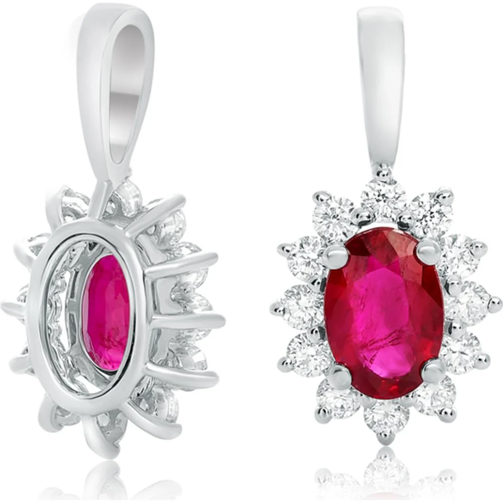 Roman & Jules - 18K White Gold Oval Ruby Halo Pendant with Round Diamonds - 0.20 Carat Total Diamond Weight