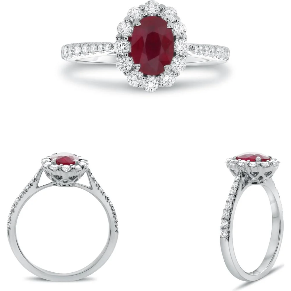 Roman & Jules - 18K White Gold Oval Ruby Halo Ring with Round Diamonds - 0.80 Carat Total Diamond Weight