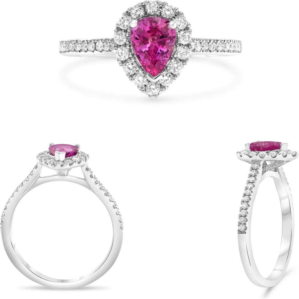 Roman & Jules - 18K White Gold Pear-Shaped Pink Sapphire Halo Ring with Round Diamonds - 0.86 Carat Pink Sapphire and 0.38 Carat Diamond Accents