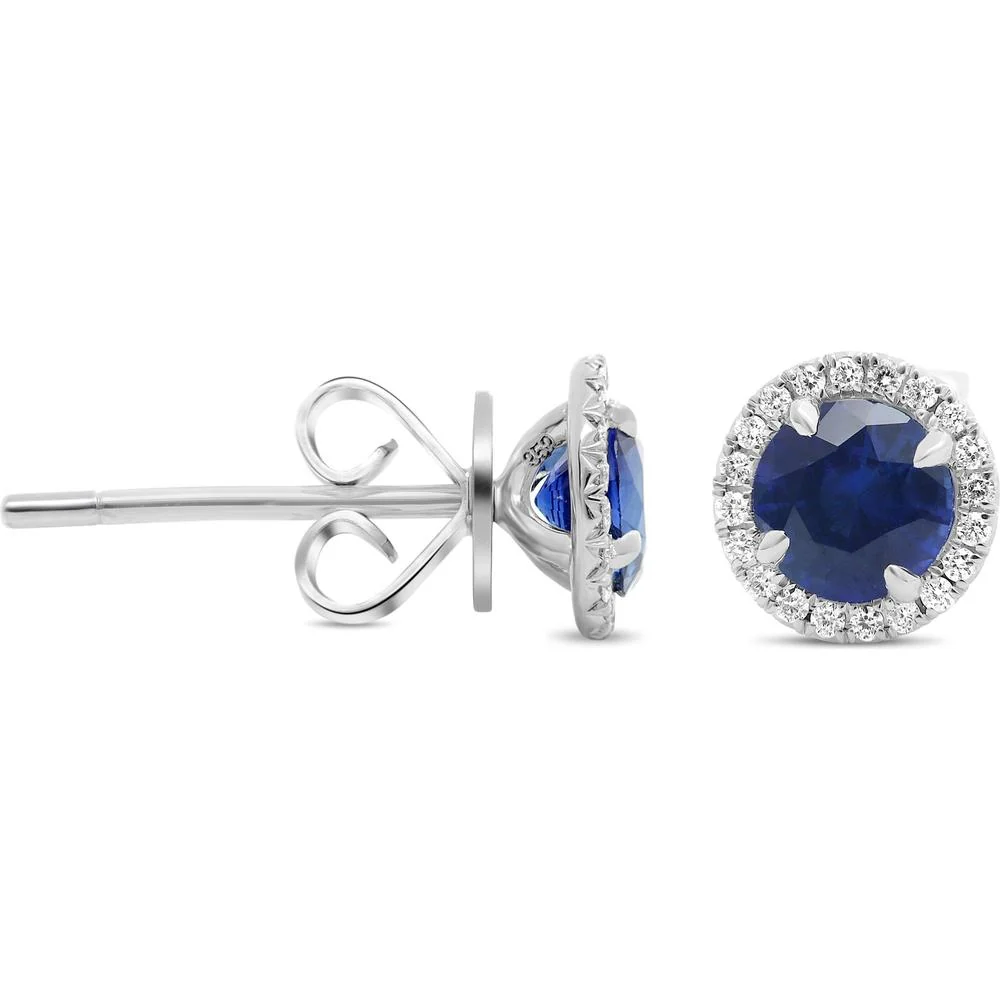 Roman & Jules - 18K White Gold Round Sapphire Halo Stud Earrings with Diamond Accent - 1.13 Carat Total Gem Weight
