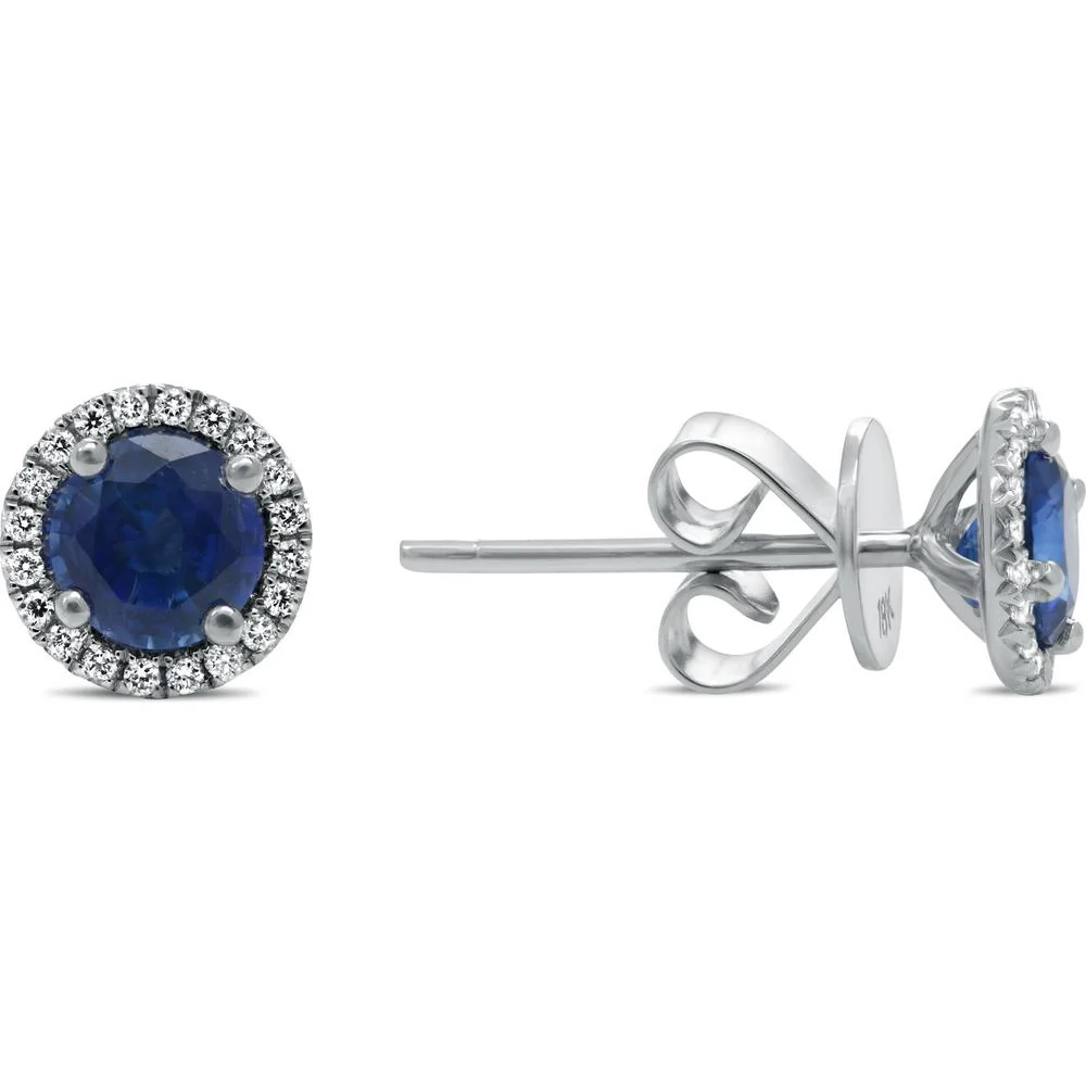 Roman & Jules - 18K White Gold Round Sapphire Stud Earrings with Diamond Halo - 1.08 Carat Sapphire, 0.18 Carat Total Diamond Weight