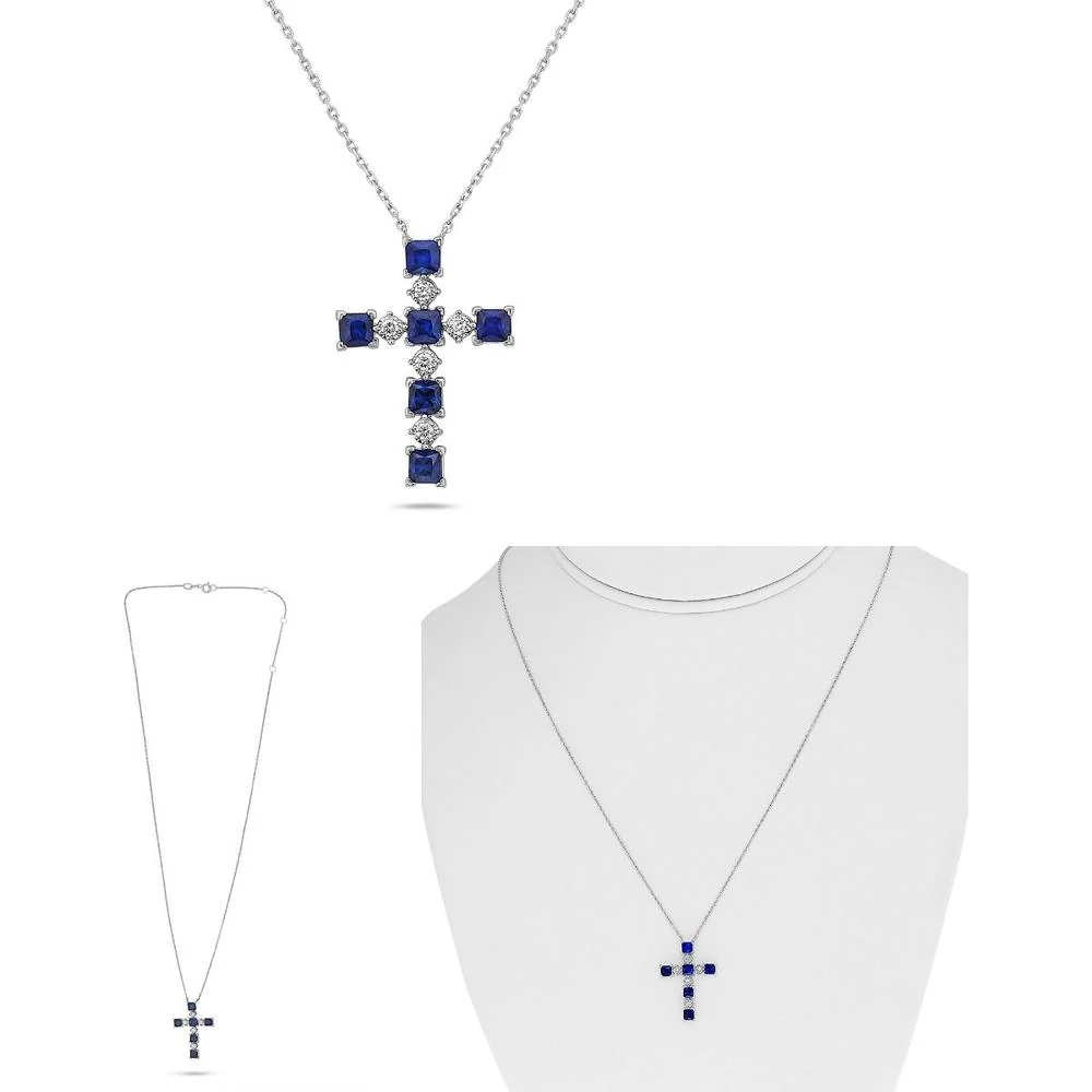 Roman & Jules - 18K White Gold Sapphire and Diamond Cross Necklace with 0.06 Carat Round Diamonds