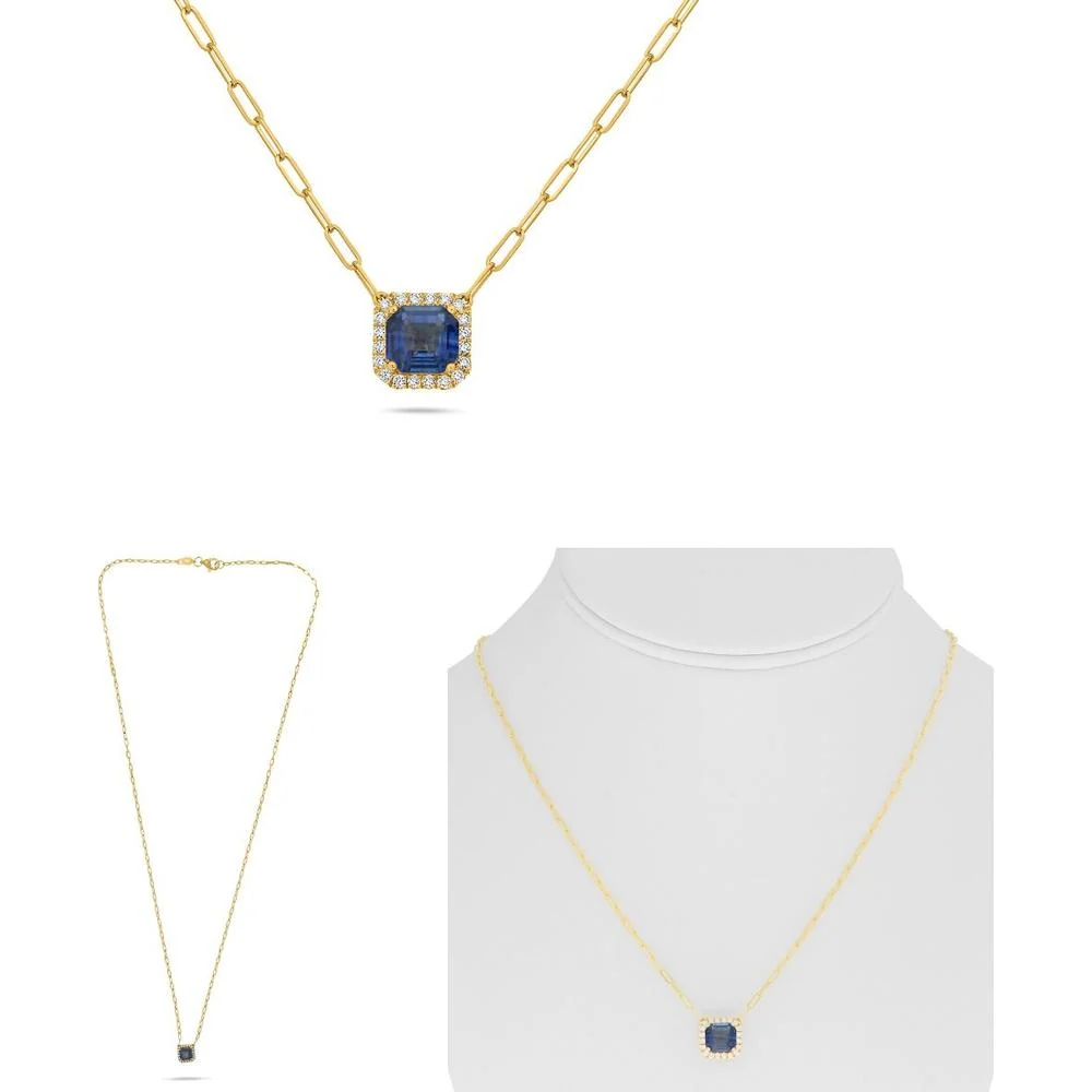 Roman & Jules - 18K Yellow Gold Paperclip Chain Necklace with Radiant Cut Sapphire and Diamond Halo - 1.82 Carat Total Sapphire Weight