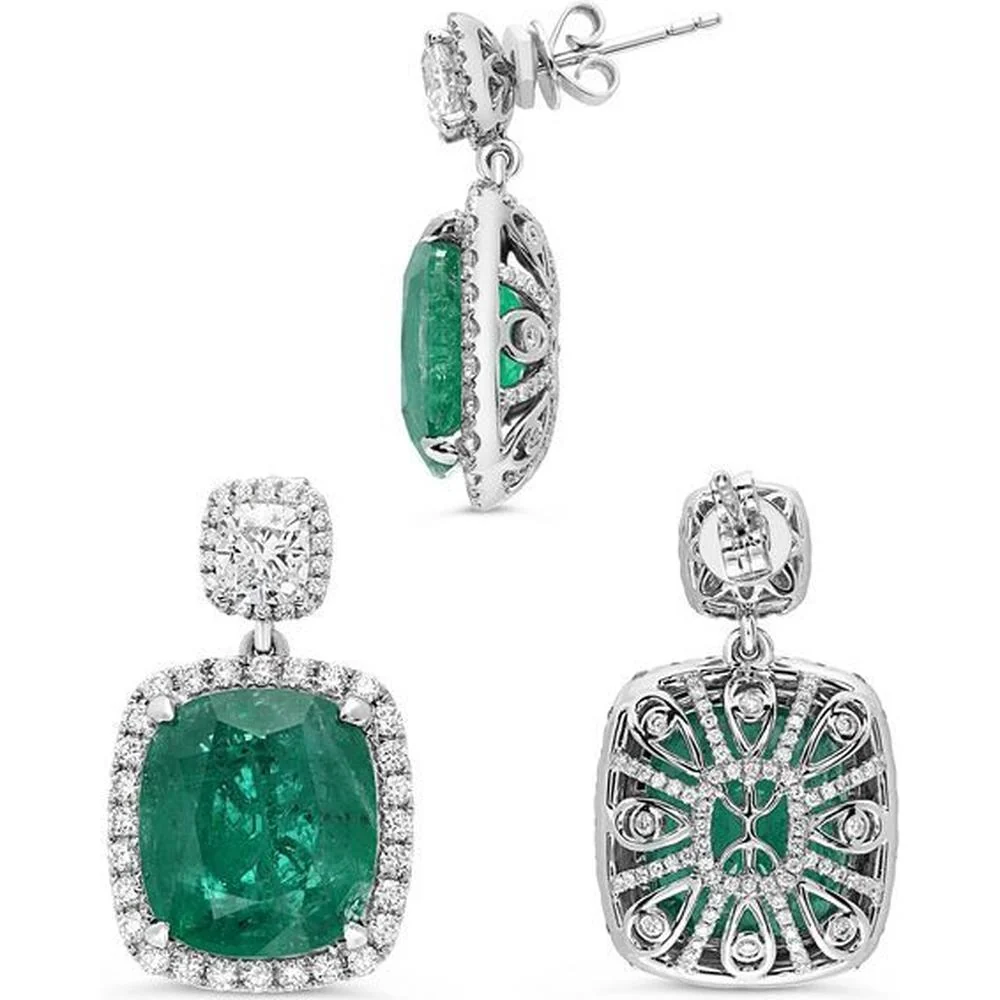 Roman & Jules - Platinum Drop Earrings with Cushion-Cut Emeralds (6.04 Carat & 6.40 Carat Total) and Round Diamond Halo Accents - 1.19 Carat Total Diamond Weight