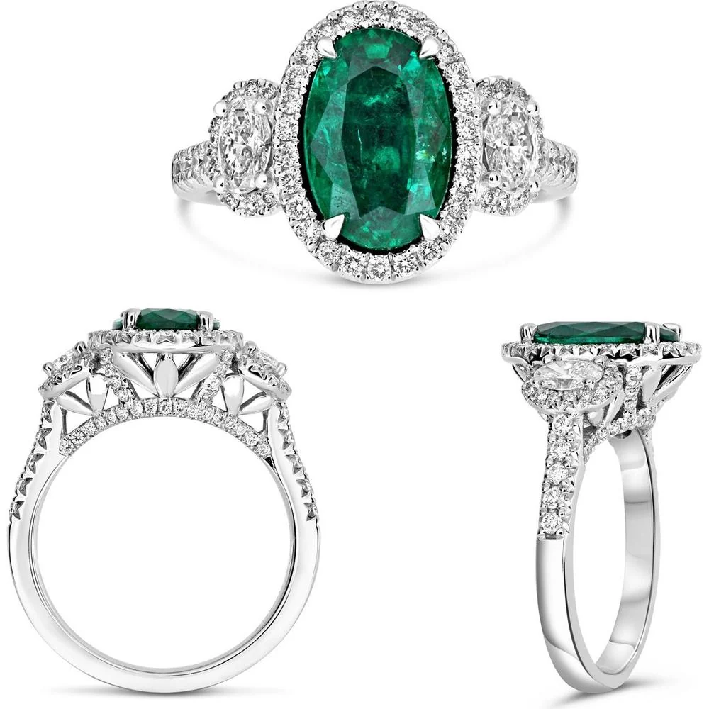 Roman & Jules - Platinum Oval Emerald and Diamond Halo Ring with 3.41 Carat GIA Emerald and 0.54 Carat Diamond Accents