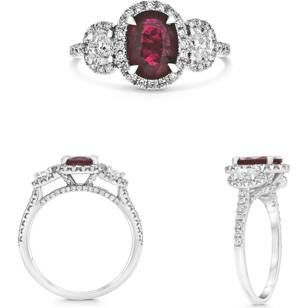 Roman & Jules - Platinum Oval Ruby and Round Diamond Three-Stone Halo Ring - 1.87 Carat Ruby and 0.44 Carat Diamond Weight
