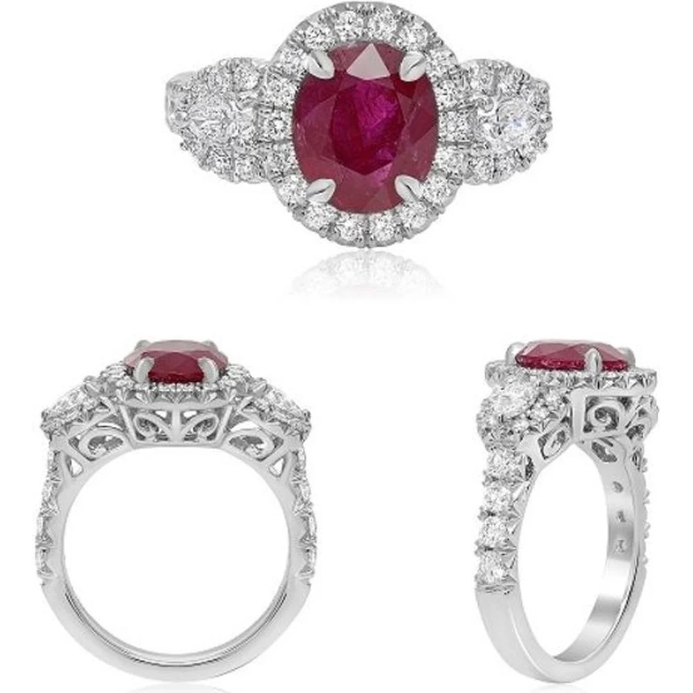 Roman & Jules - Platinum Oval Ruby Ring with Diamond Halo and Three-Stone Accents - 2.80 Carat Ruby and 1.20 Carat Total Diamond Weight