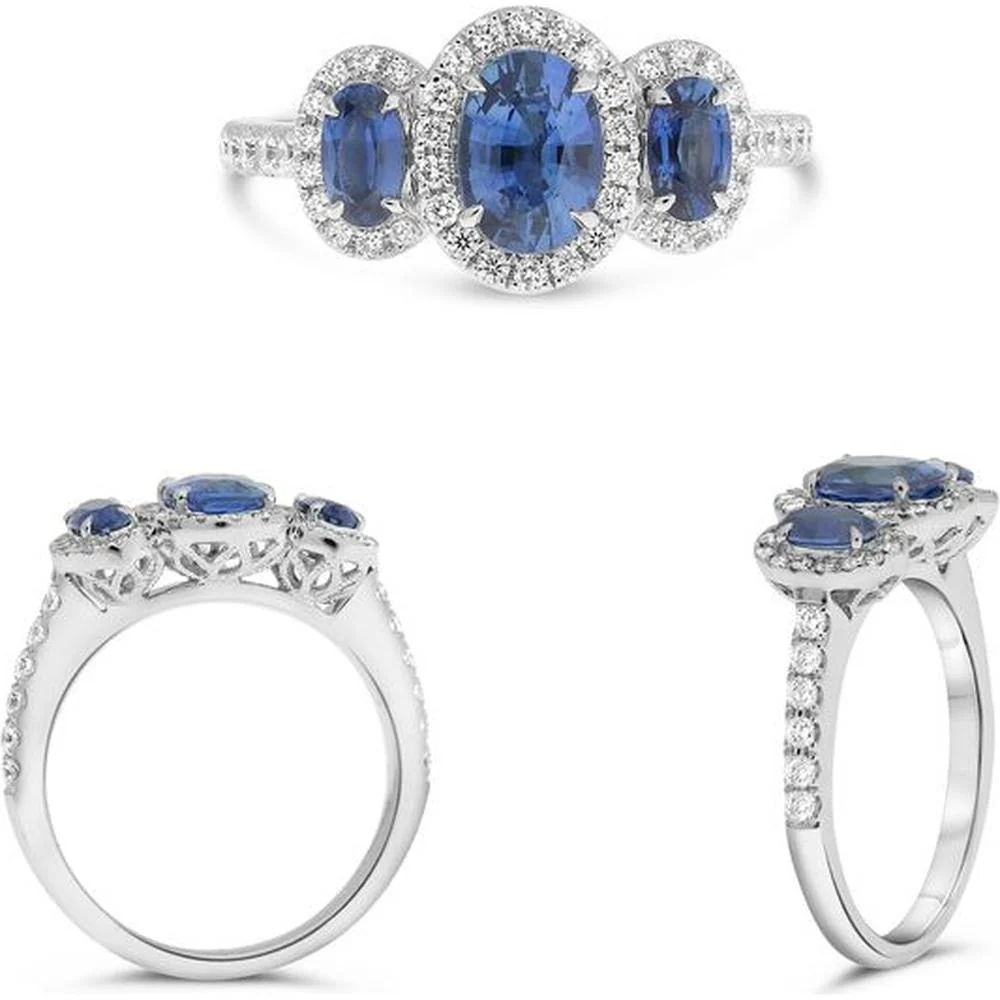 Roman & Jules - Platinum Three-Stone Halo Ring with Oval Sapphires (.95 Carat Center & 0.56 Carat Total Sides) and Round Diamonds (.43 Carat Total Diamond Weight)