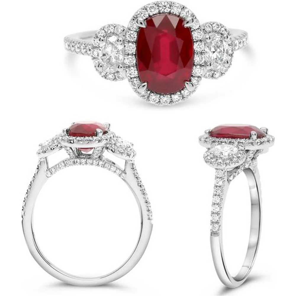 Roman & Jules - Platinum Three-Stone Oval Ruby Ring with Diamond Halo - 1.07 Carat Ruby and 0.44 Carat Diamond Accents