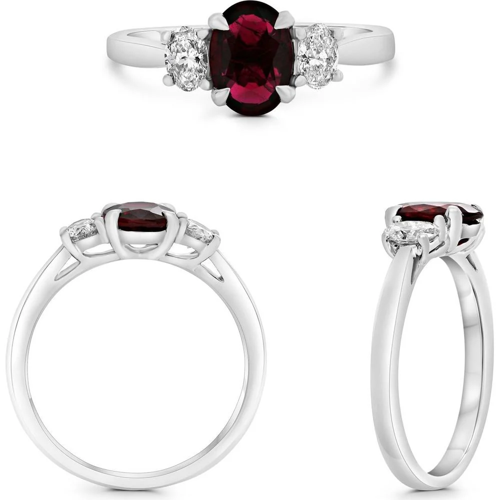 Roman & Jules - Platinum Three-Stone Ring with 1.53 Carat Oval Ruby and Oval Diamond Accents