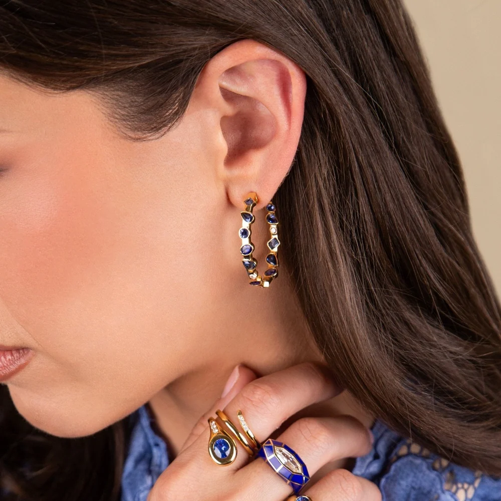 Ruchi New York - Arles Blue Sapphire & Diamond Mixed-Shape Hoop Earrings in 18K Yellow Gold - Image 3