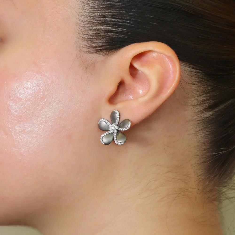 Ruchi New York - Blossom Floral Black Gold Diamond Studs in 18K White Gold - Image 3