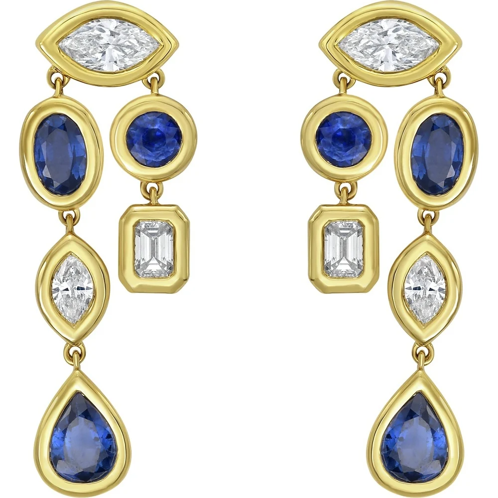 Ruchi New York - Lyre Blue Sapphire & Diamond Drop Earrings in 18K Yellow Gold - Image 2