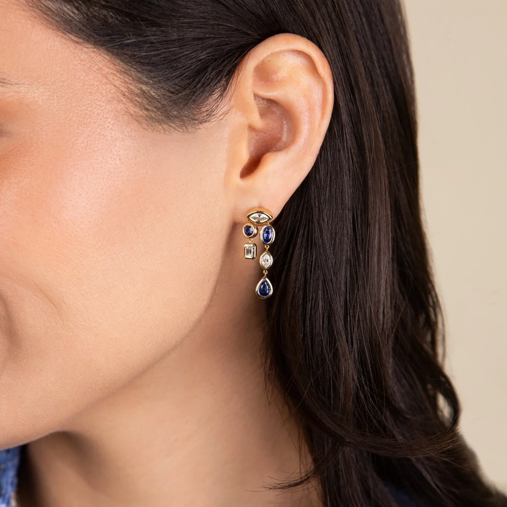 Ruchi New York - Lyre Blue Sapphire & Diamond Drop Earrings in 18K Yellow Gold - Image 3