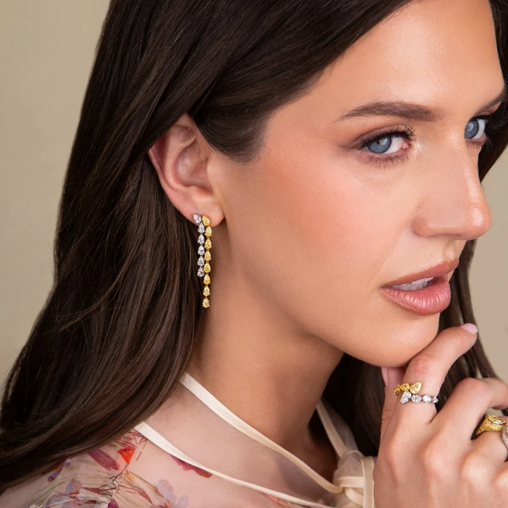 Ruchi New York - Oriana Fancy Yellow & White Pear Diamond Linear Earrings in 18K Two-Tone Gold - Image 2
