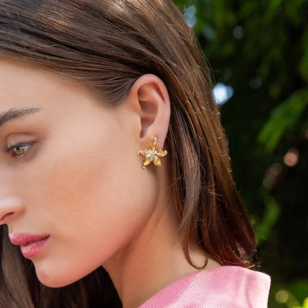 Ruchi New York - Plumeria Diamond Stud Earrings in 18K Yellow Gold - Image 3