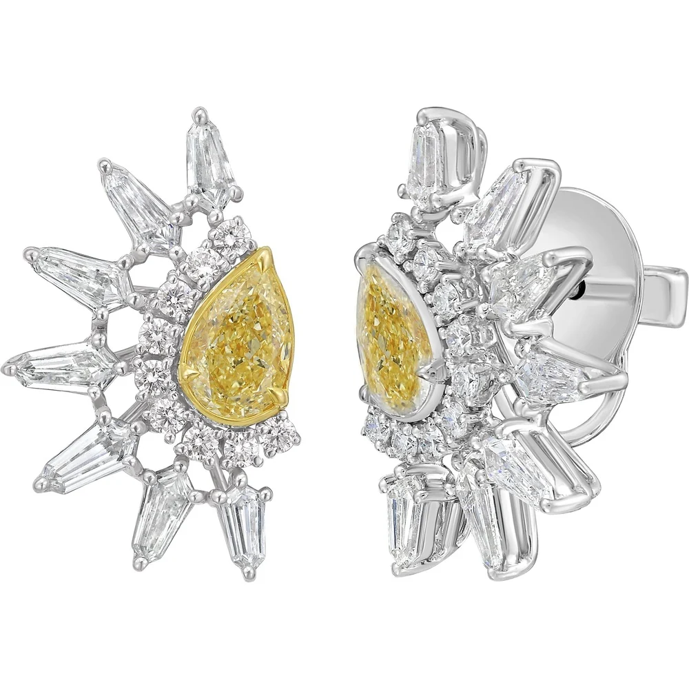 Ruchi New York - Reverie 3.09 Carat Fancy Yellow & White Diamond Starburst Stud Earrings in 18K White Gold