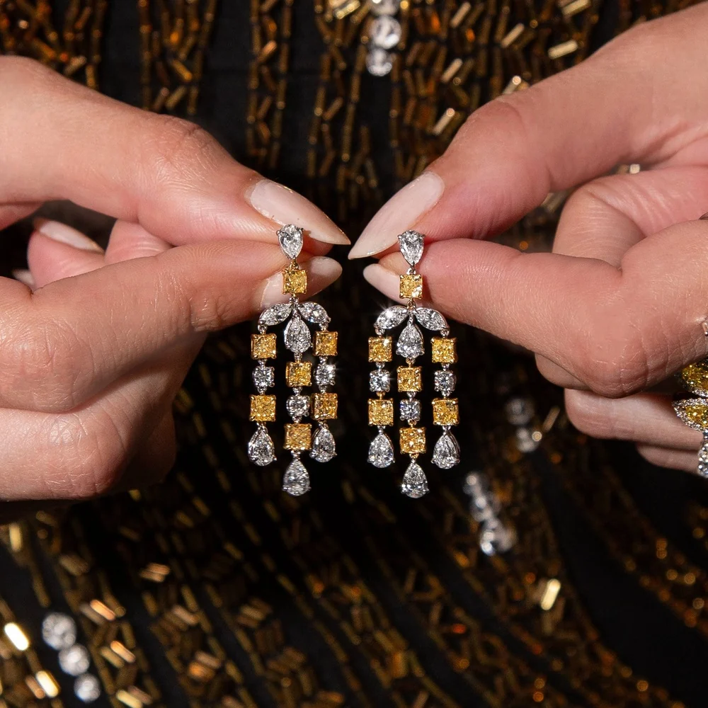 Ruchi New York - Soleil Fancy Yellow & White Diamond Chandelier Earrings in 18K White Gold - Image 4