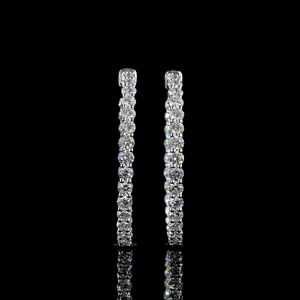 Silver Medium Hoop Earrings with 2.99 Carat Total Weight Prong-Set Round Brilliant Cut Lab Diamonds - E-F Color, VS1 Clarity - Covaloro Fine Jewelry - Image 2