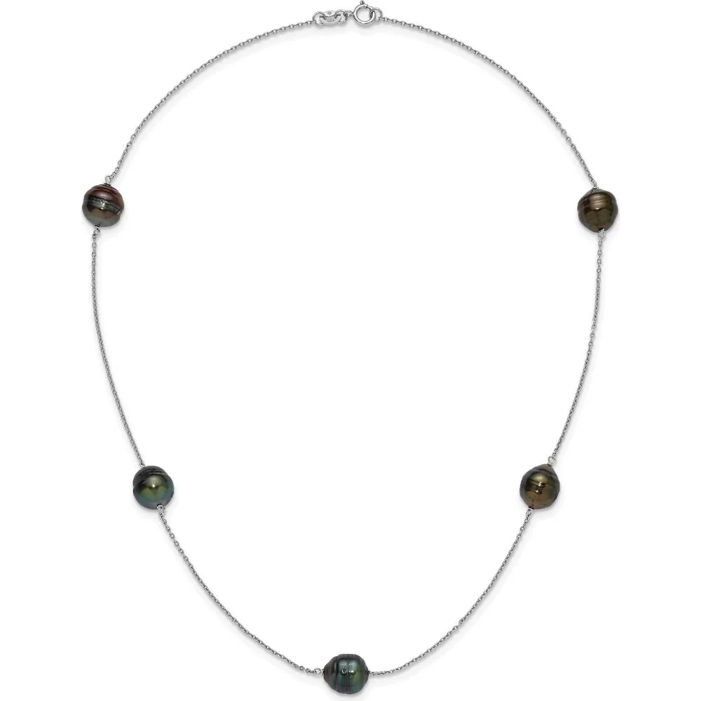 Sterling Silver Rhodium-Plated 18" Necklace with 5 Baroque Black Tahitian Cultured Pearls - 9-10mm by Monteluci Fine Jewelry - Image 4