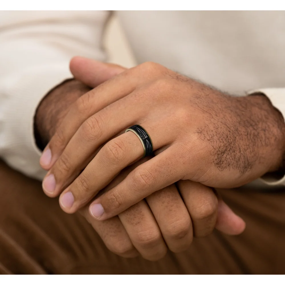 The American Men's Wedding Band in 14K Yellow Gold and Grey-Black Titanium - 7.5mm Width by Brook and Branch - Image 5