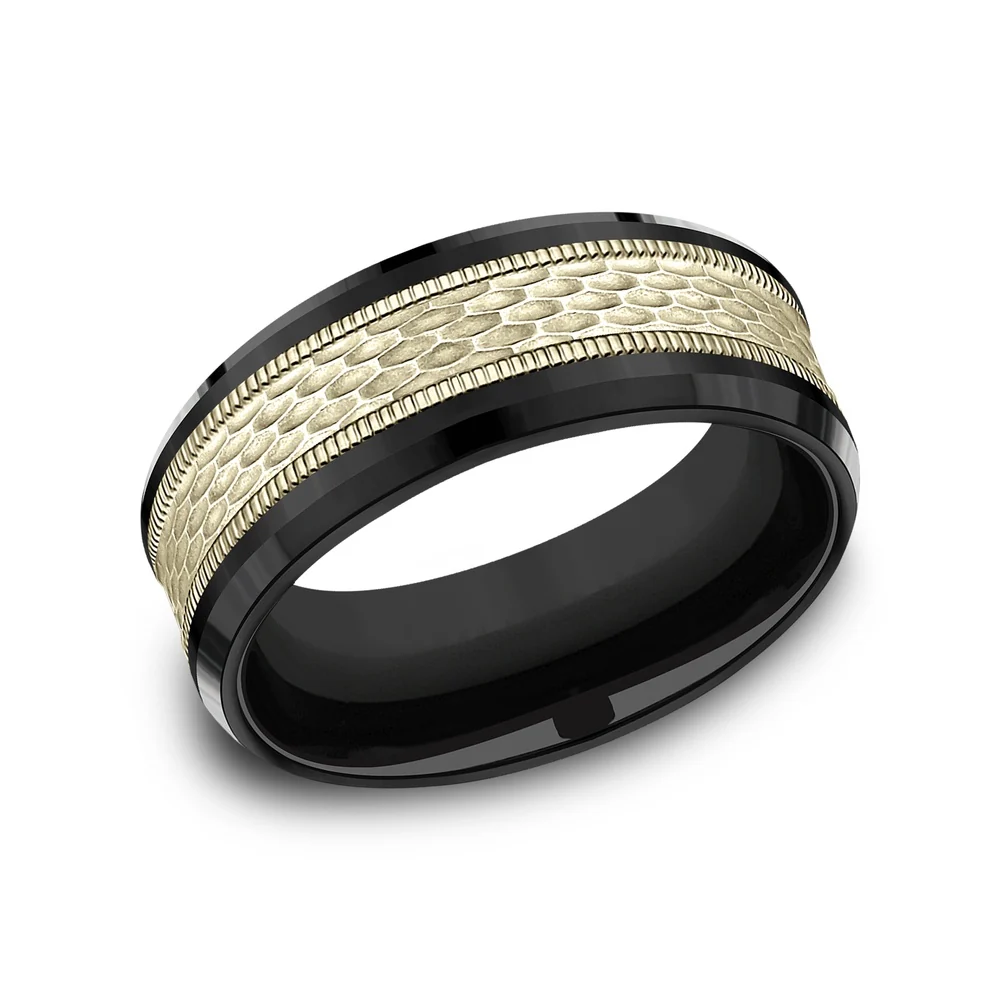 The Athlete Men's Wedding Band in Black Titanium and 14K Yellow Gold - 8mm Width by Ammara Stone