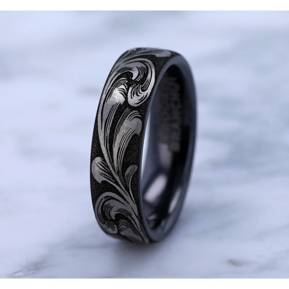 The Barrel Script Men's Wedding Band in Grey/Black Titanium - 6.5mm Width by Brook and Branch - Image 4
