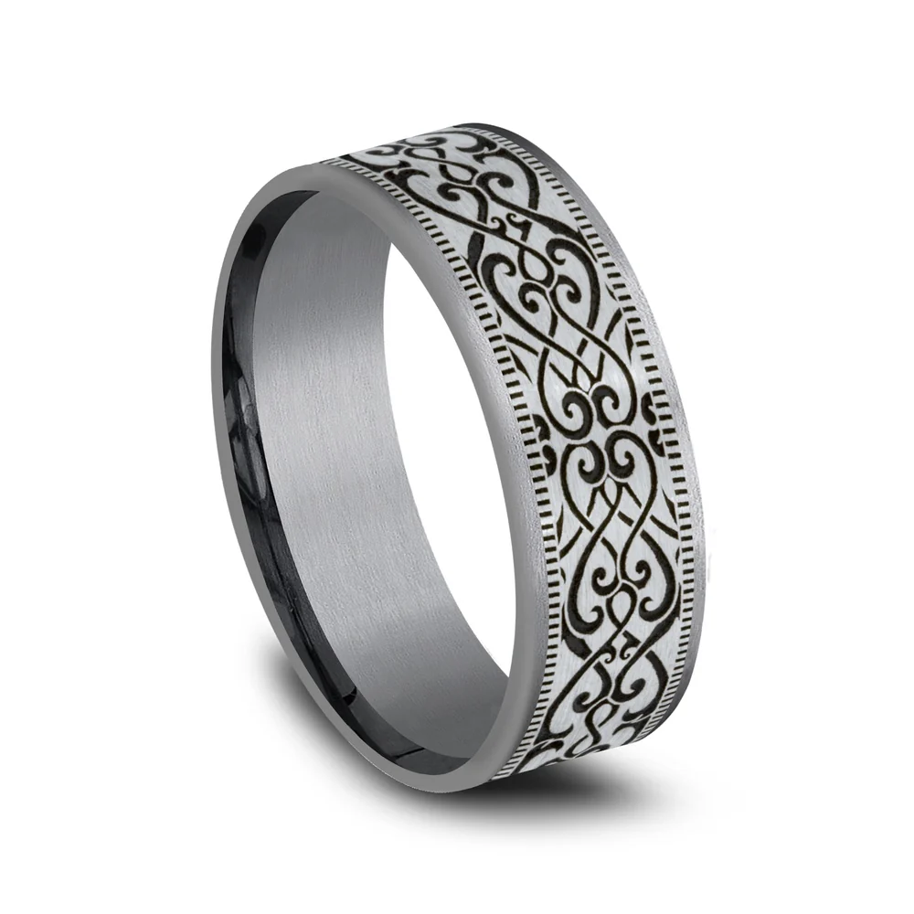 The Basilica Men's Wedding Band in Grey Tantalum and 14K White - 7.5mm Width by Ammara Stone - Image 2