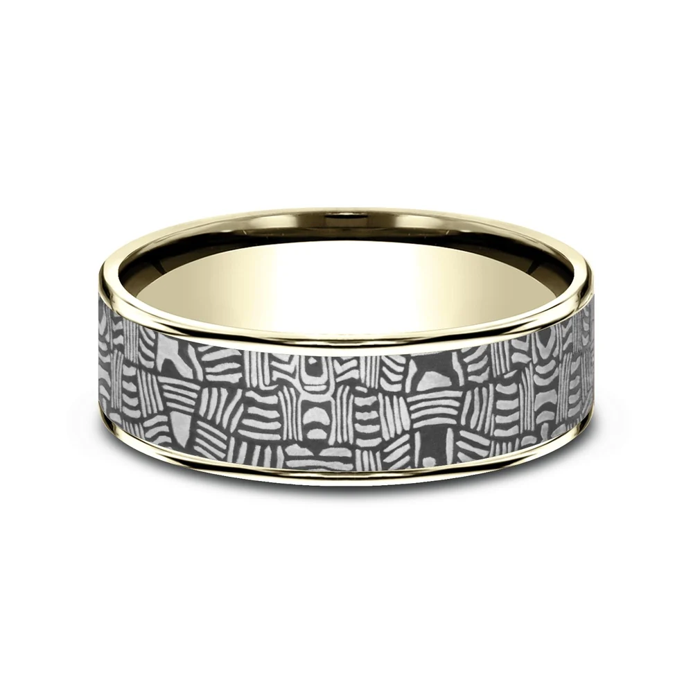 The Basket Weave Men's Wedding Band in 14K Yellow Gold and Tantalum - 7.5mm Width by Ammara Stone - Image 3