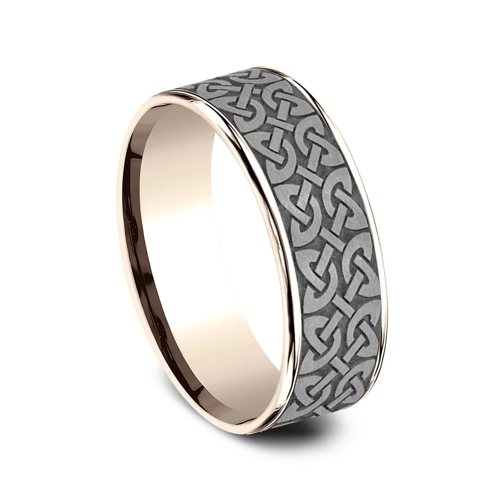 The Blarney Men's Wedding Band in 14K Rose Gold and Grey Tantalum - 7.5mm Width by Ammara Stone - Image 2