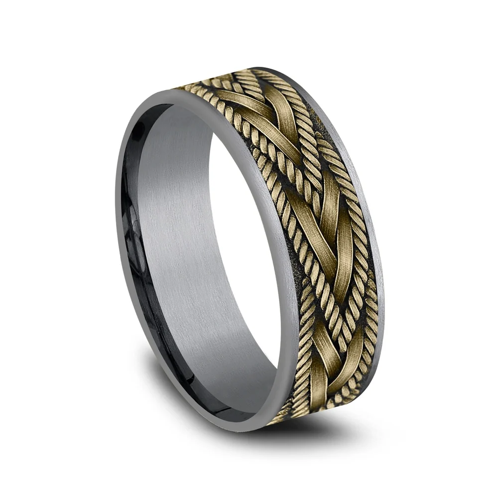 The Braid Men's Wedding Band in Grey Tantalum and 14K Yellow Gold - 7.5mm Width by Ammara Stone - Image 2