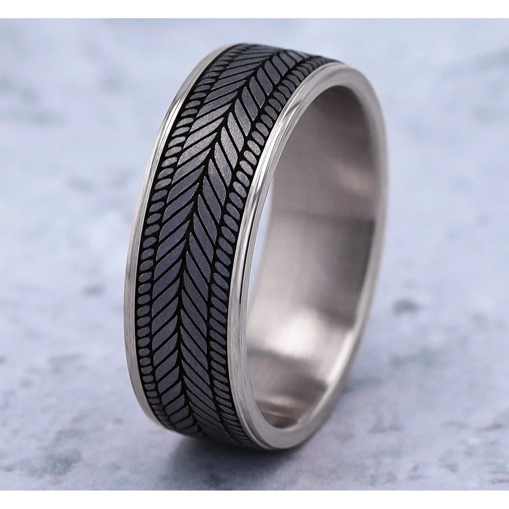 The Caprio Men's Wedding Band in 14K White Gold and Grey Tantalum - 7.5mm Width by Ammara Stone - Image 4