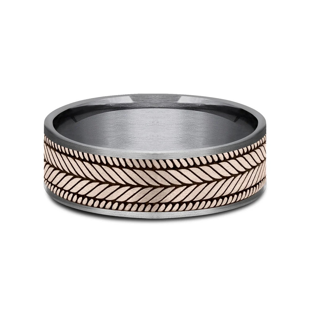 The Caprio Men's Wedding Band in Grey Tantalum and 14K Rose Gold - 7.5mm Width by Ammara Stone - Image 3