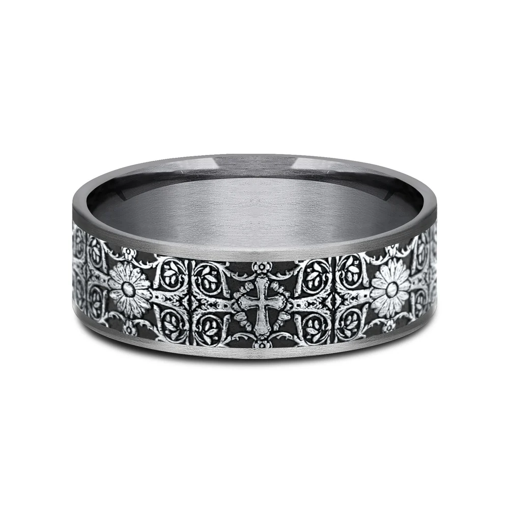 The Cross Tiles Men's Wedding Band in Grey Tantalum and 14K White Gold - 7.5mm Width by Ammara Stone - Image 3