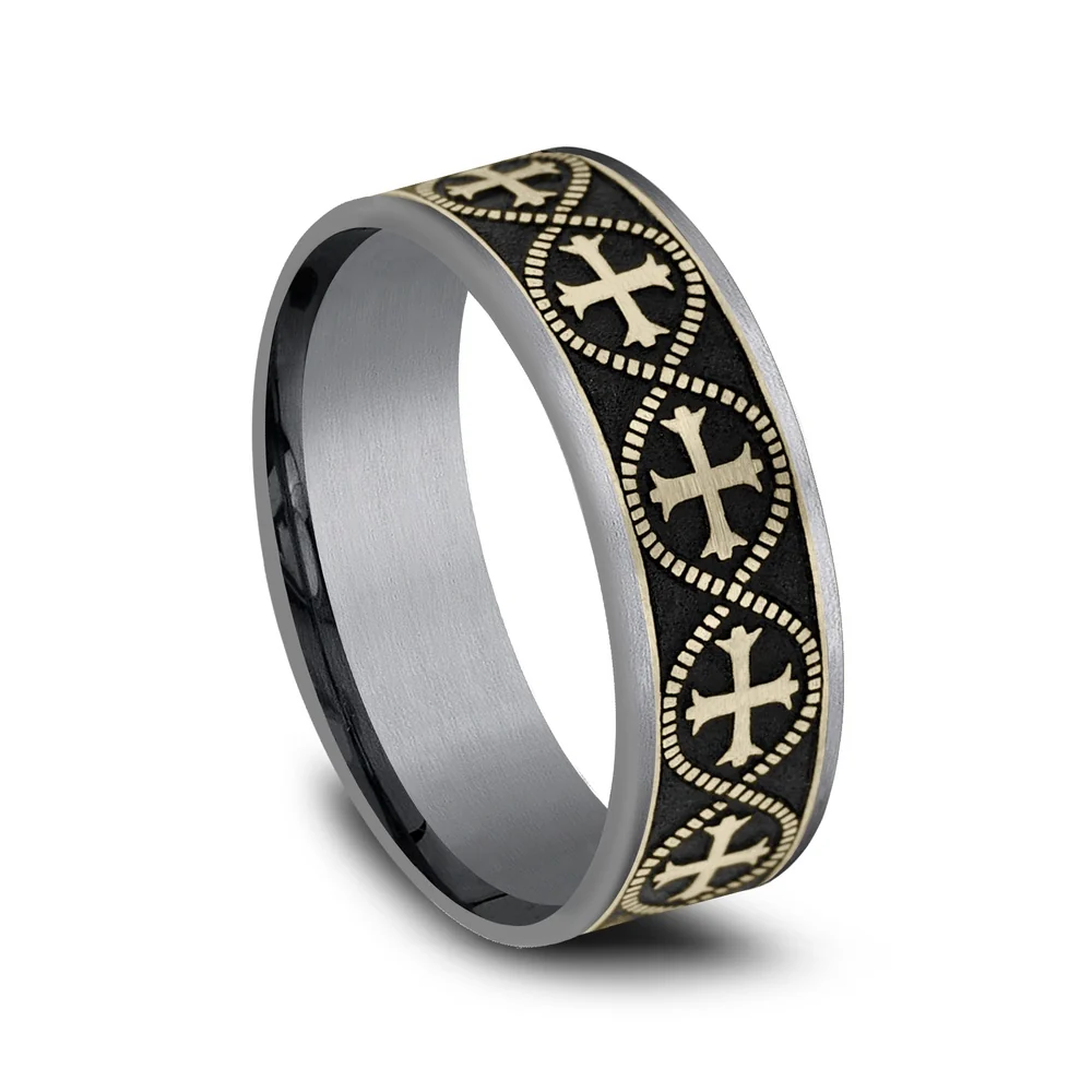 The Crusader Men's Wedding Band in Grey Tantalum and 14K Yellow Gold - 7.5mm Width by Ammara Stone - Image 2