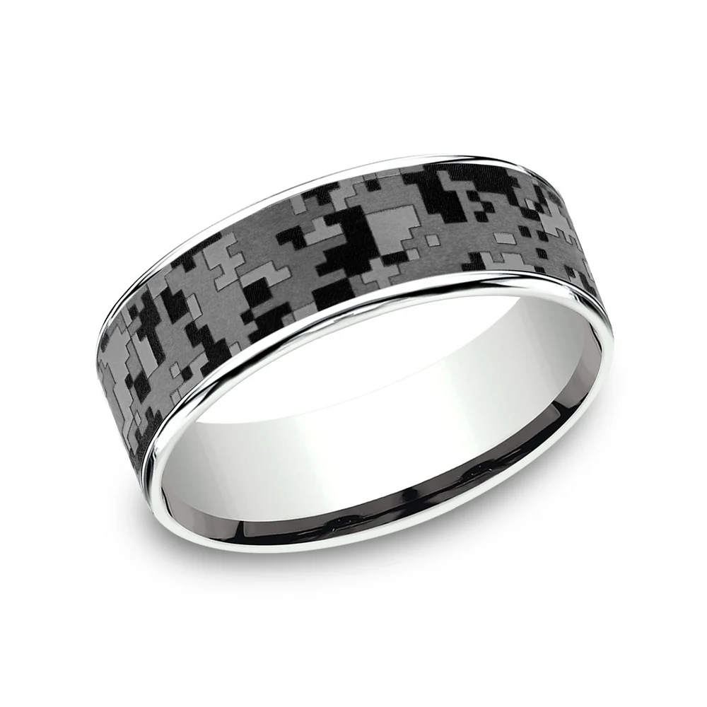 The Digital Camo Men's Wedding Band in 14K White Gold and Grey Tantalum - 7.5mm Width by Brook and Branch