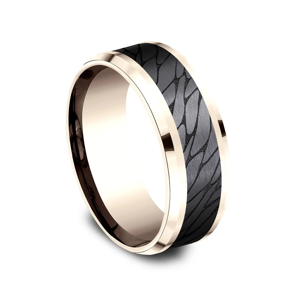 The Dino Men's Wedding Band in 14K Rose Gold and Black Titanium - 8mm Width by Ammara Stone - Image 2