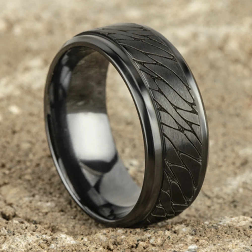 The Dino Men's Wedding Band in Black Titanium - 9mm Width by Forge - Image 4