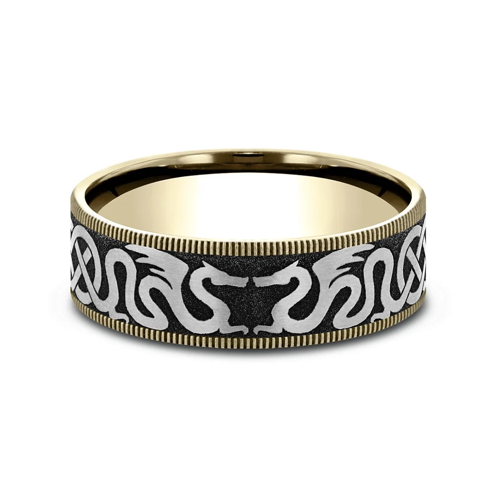 The Dragon Men's Wedding Band in 14K Yellow Gold and Grey-Black Titanium - 7.5mm Width by Ammara Stone - Image 3