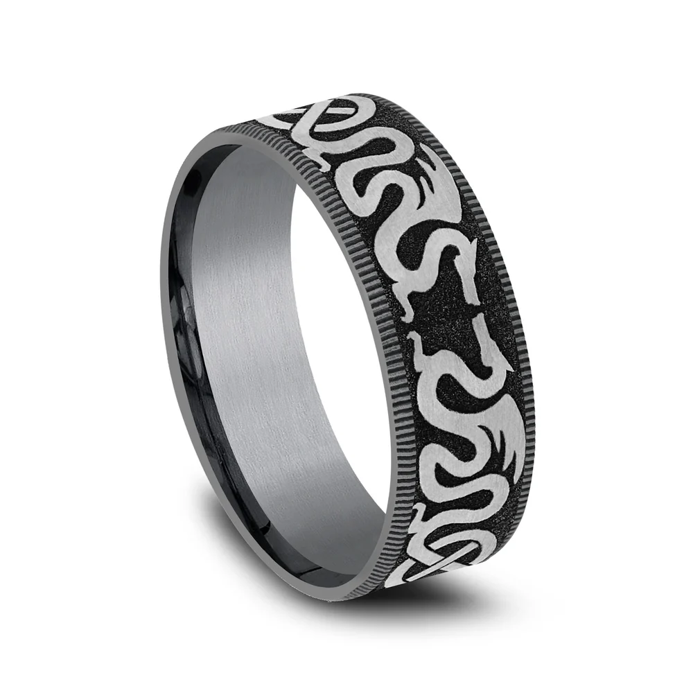 The Dragon Men's Wedding Band in Grey Tantalum and Grey/Black Titanium - 7.5mm Width by Tantalum - Image 2