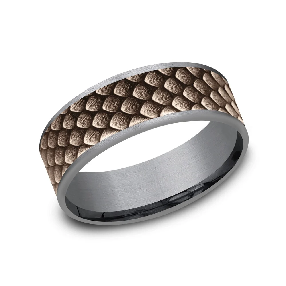 The Drogon Men's Wedding Band in Grey Tantalum and 14K Rose Gold - 7.5mm Width by Ammara Stone
