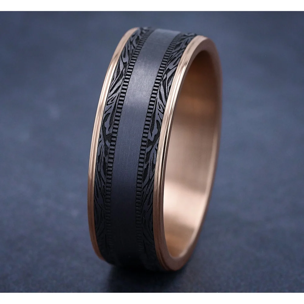 The Edge Men's Wedding Band in 14K Rose Gold and Grey Tantalum - 7.5mm Width by Ammara Stone - Image 4