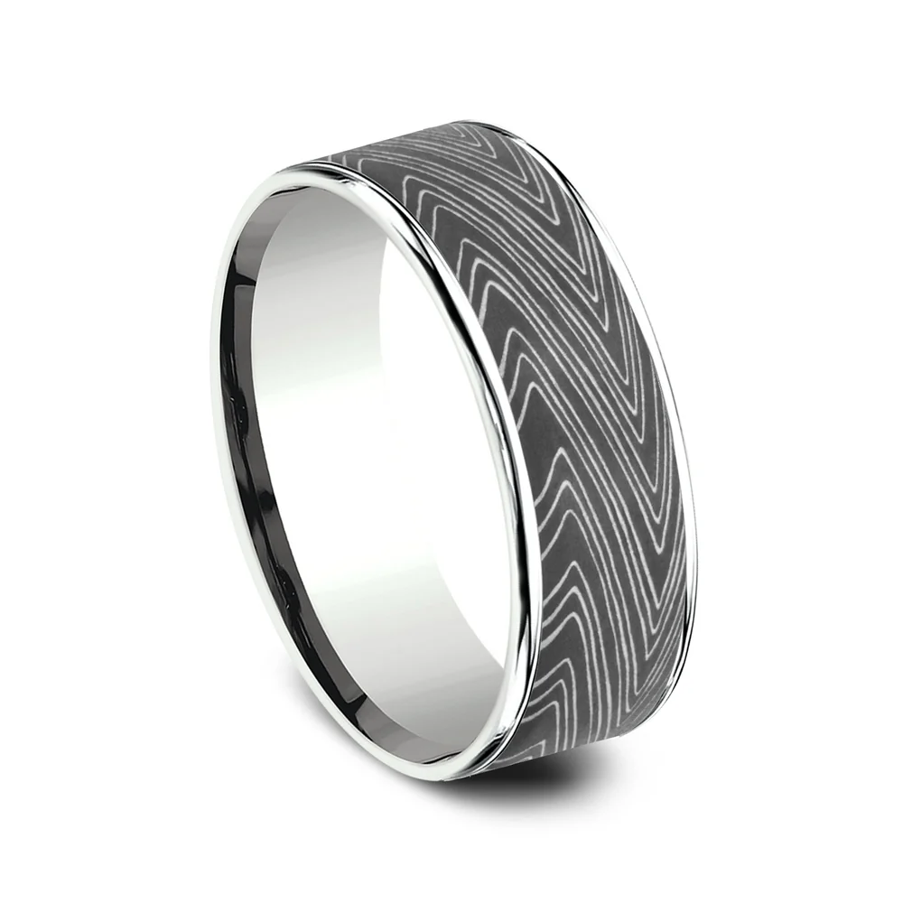 The Herringbone Men's Wedding Band in 14K White Gold and Darkened Tantalum - 7.5mm Width by Ammara Stone - Image 2