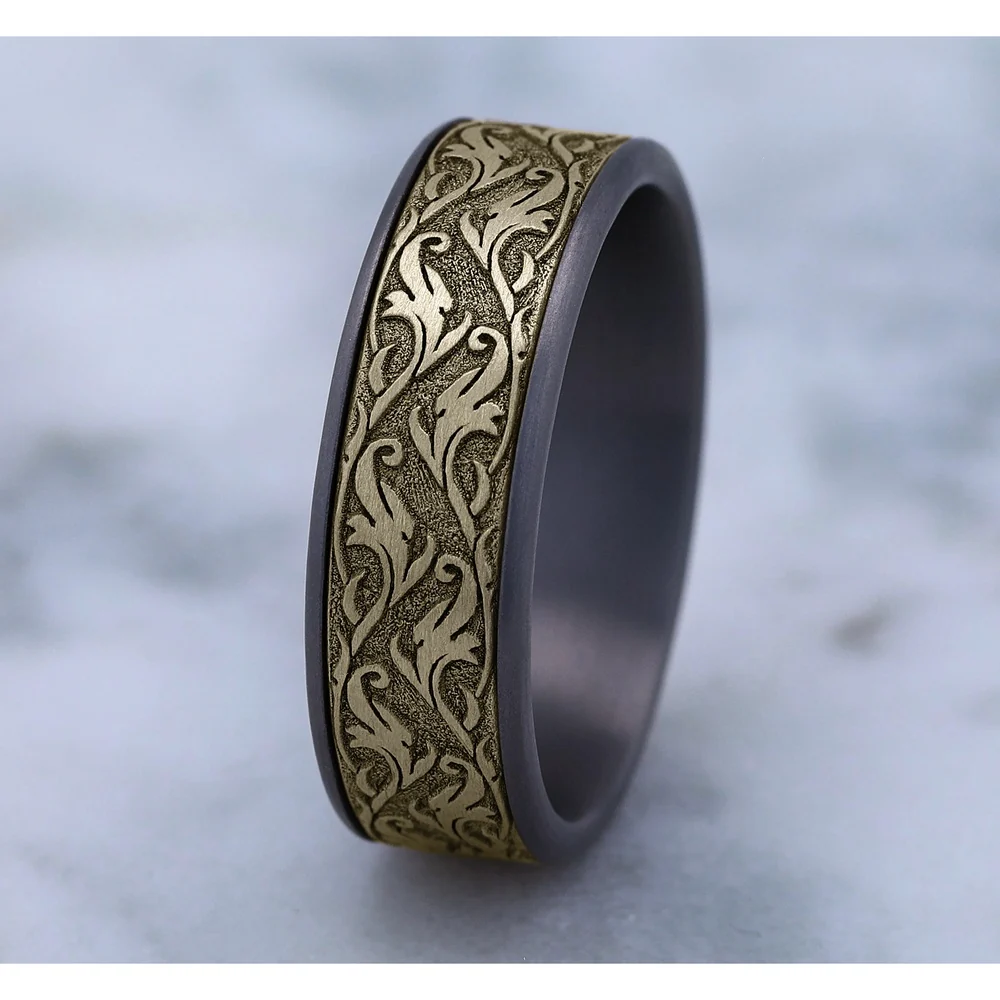 The Ivy Men's Wedding Band in Grey Tantalum and 14K Yellow Gold - 7.5mm Width by Ammara Stone - Image 4