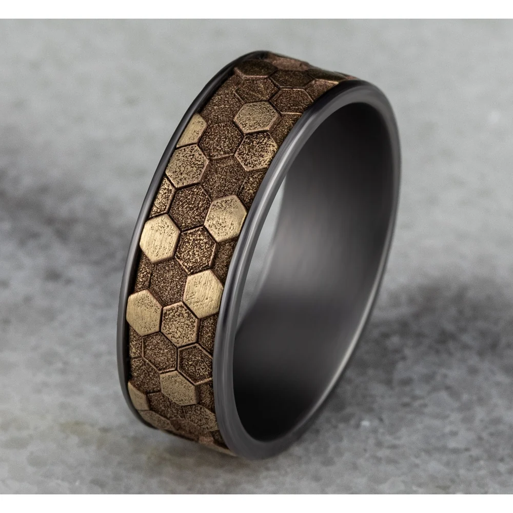 The Keeper Men's Wedding Band in Grey Tantalum and 14K Yellow Gold - 7.5mm Width by Ammara Stone - Image 4