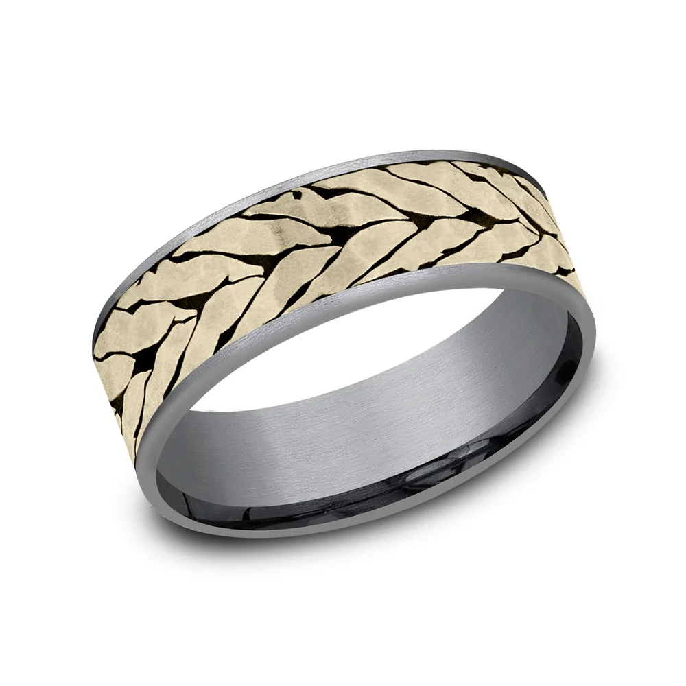 The Medallion Men's Wedding Band in Grey Tantalum and 14K Yellow Gold - 7.5mm Width by Ammara Stone