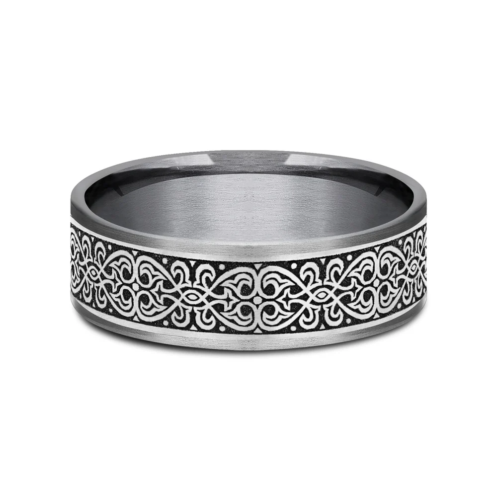 The Mihrab Men's Wedding Band in Grey Tantalum and Grey/Black Titanium - 7.5mm Width by Tantalum - Image 3