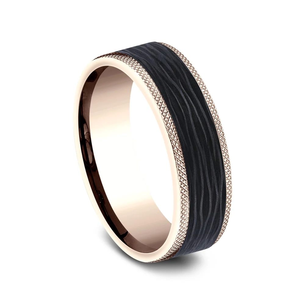 The Obsidian Men's Wedding Band in 14K Rose Gold and Forged Carbon Fiber - 7mm Width by Ammara Stone - Image 2